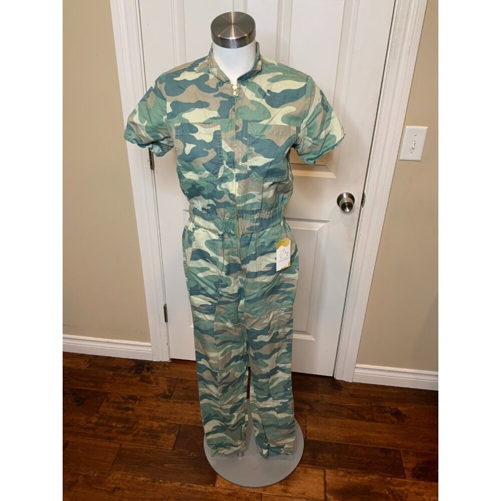 Mother Green Camo Denim Zippy Ankle Jumpsuit, Size S